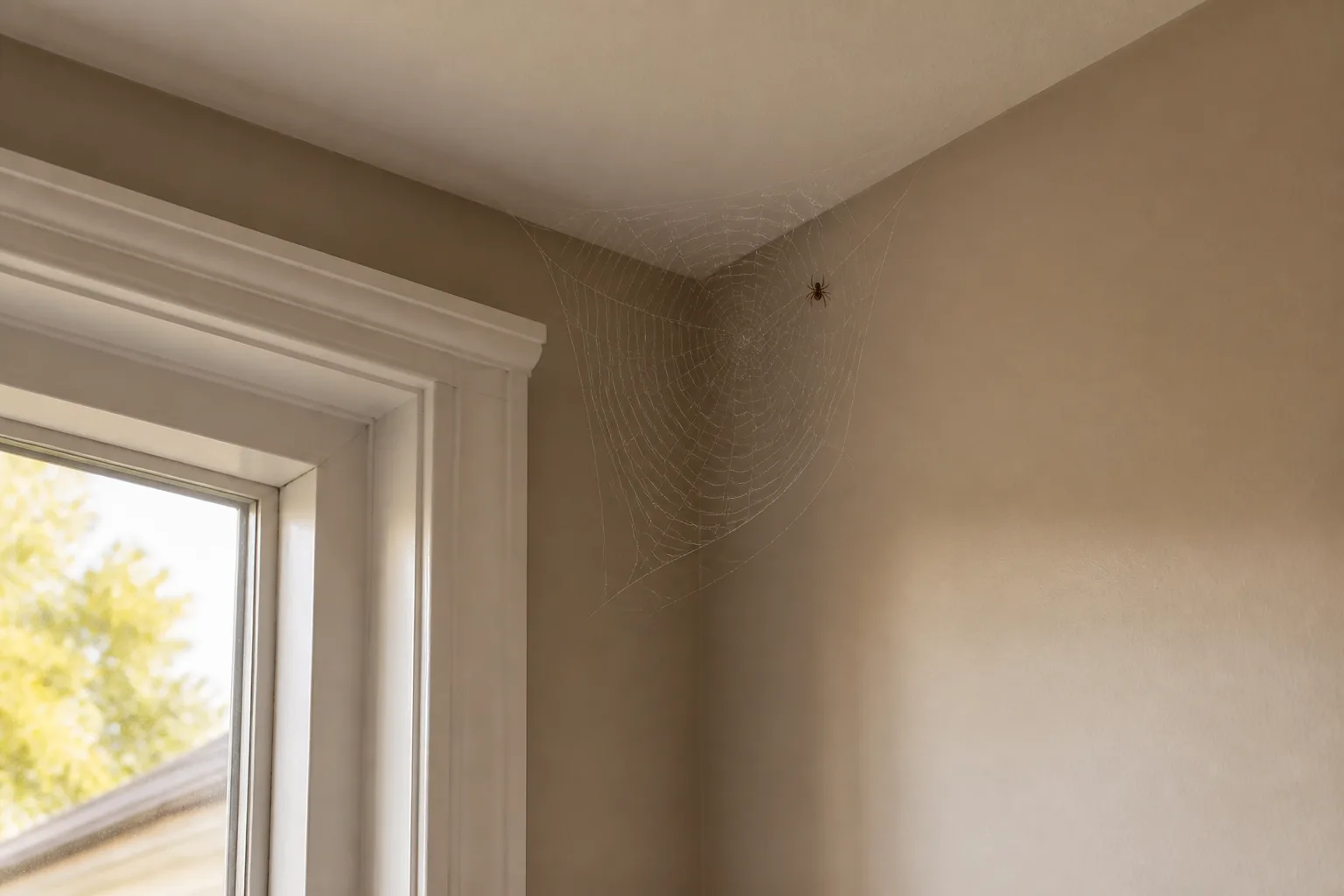 A small spider web in the upper corner of a bright home interior during late summer