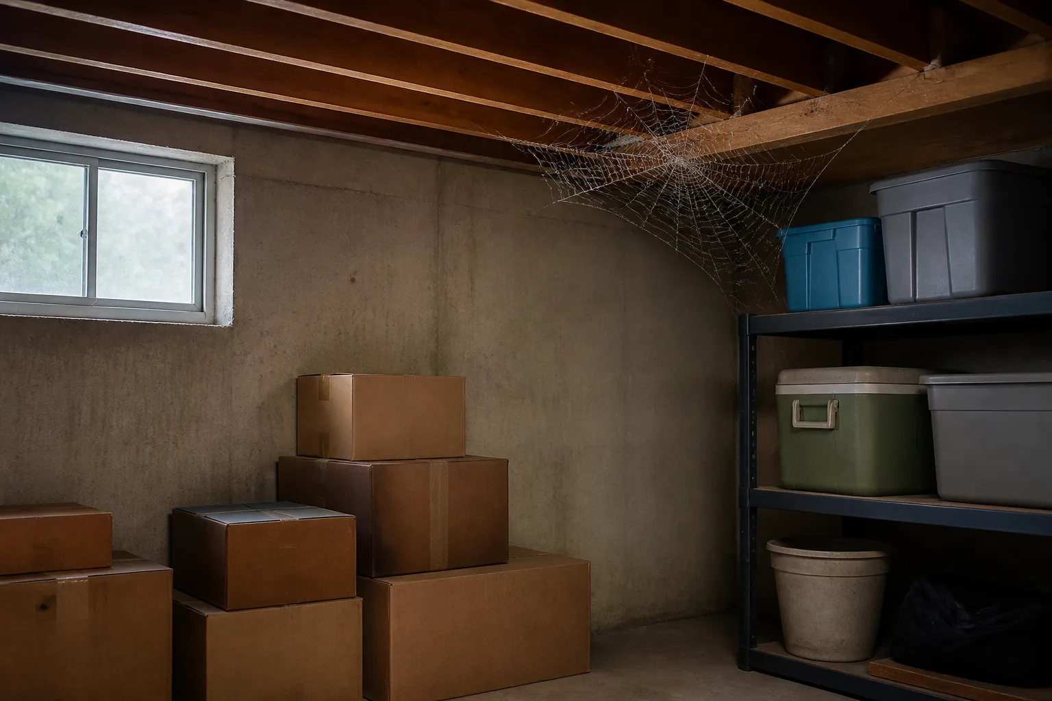 Cluttered basement storage corner with cardboard boxes stacked near a concrete wall