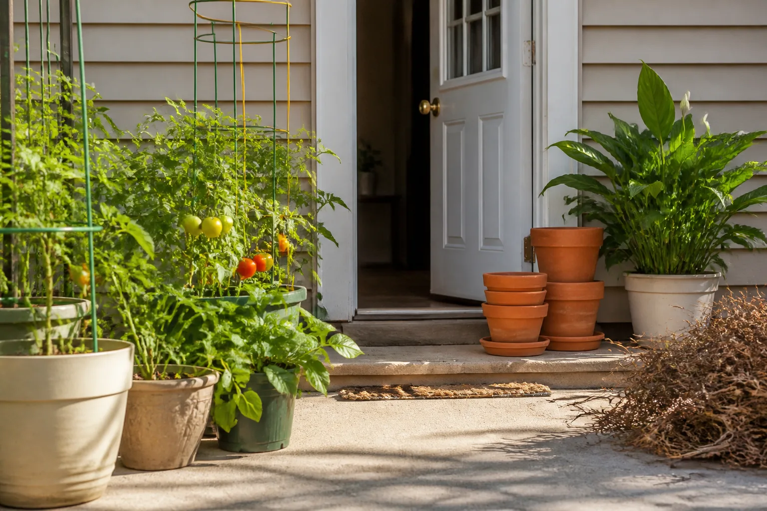 Potted plants and garden pots stacked near a back door during late-summer cleanup