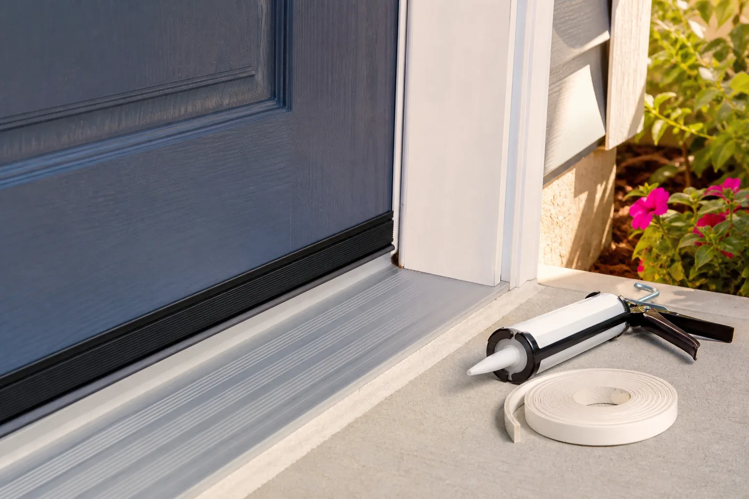 Exterior door threshold with fresh weatherstripping and a door sweep sealing the gap at the floor