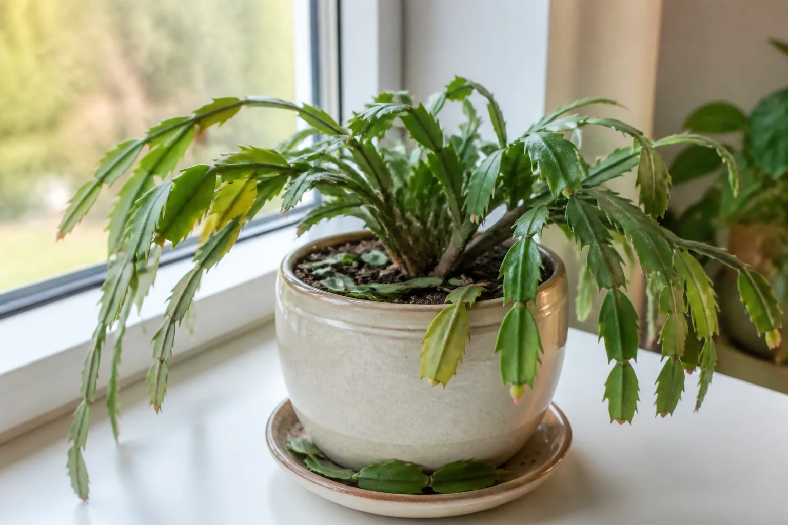 Thanksgiving cactus with fallen cladode segments on the saucer in bright indoor light