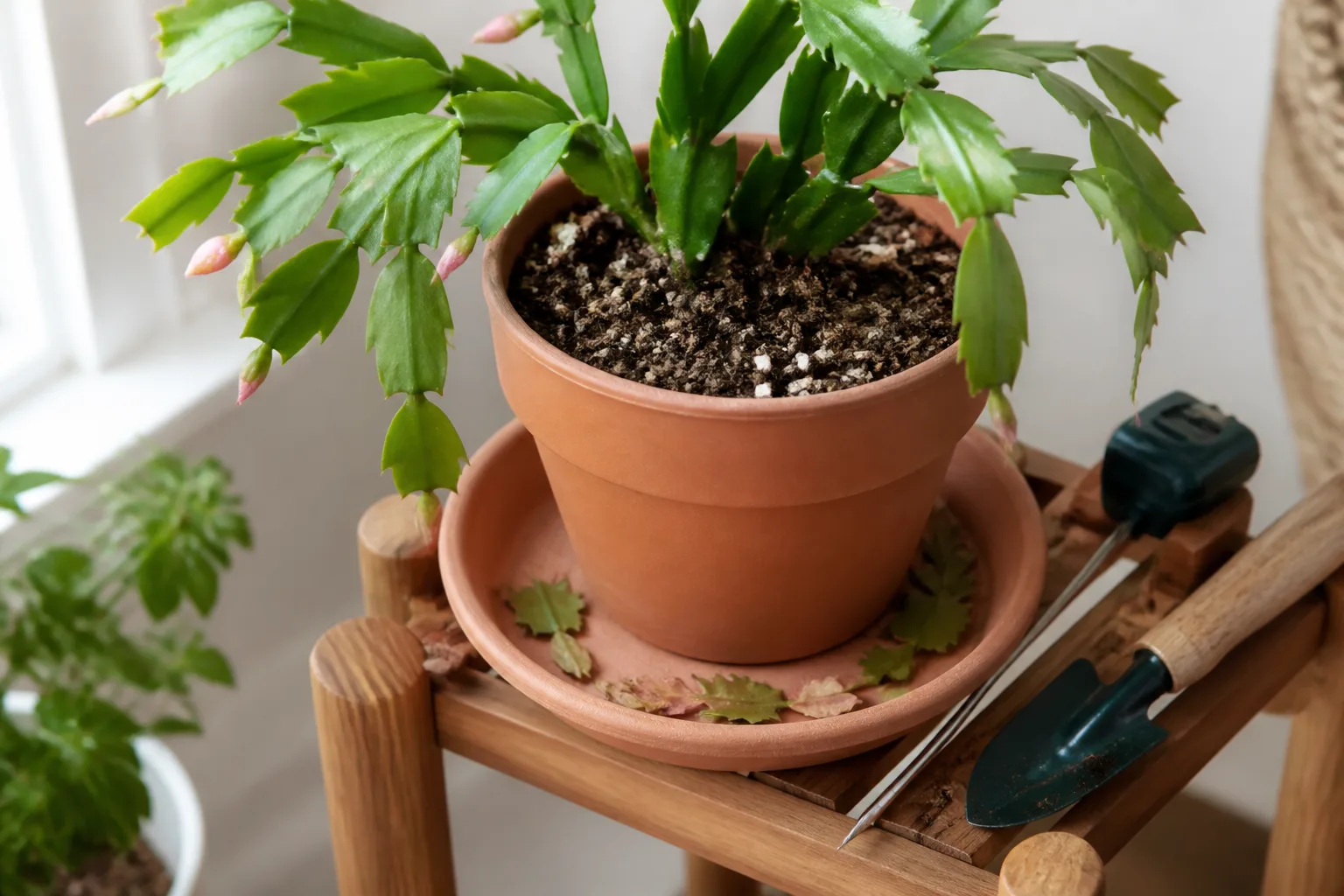 Thanksgiving cactus pot with dry potting mix and moisture probe for a quick soil check