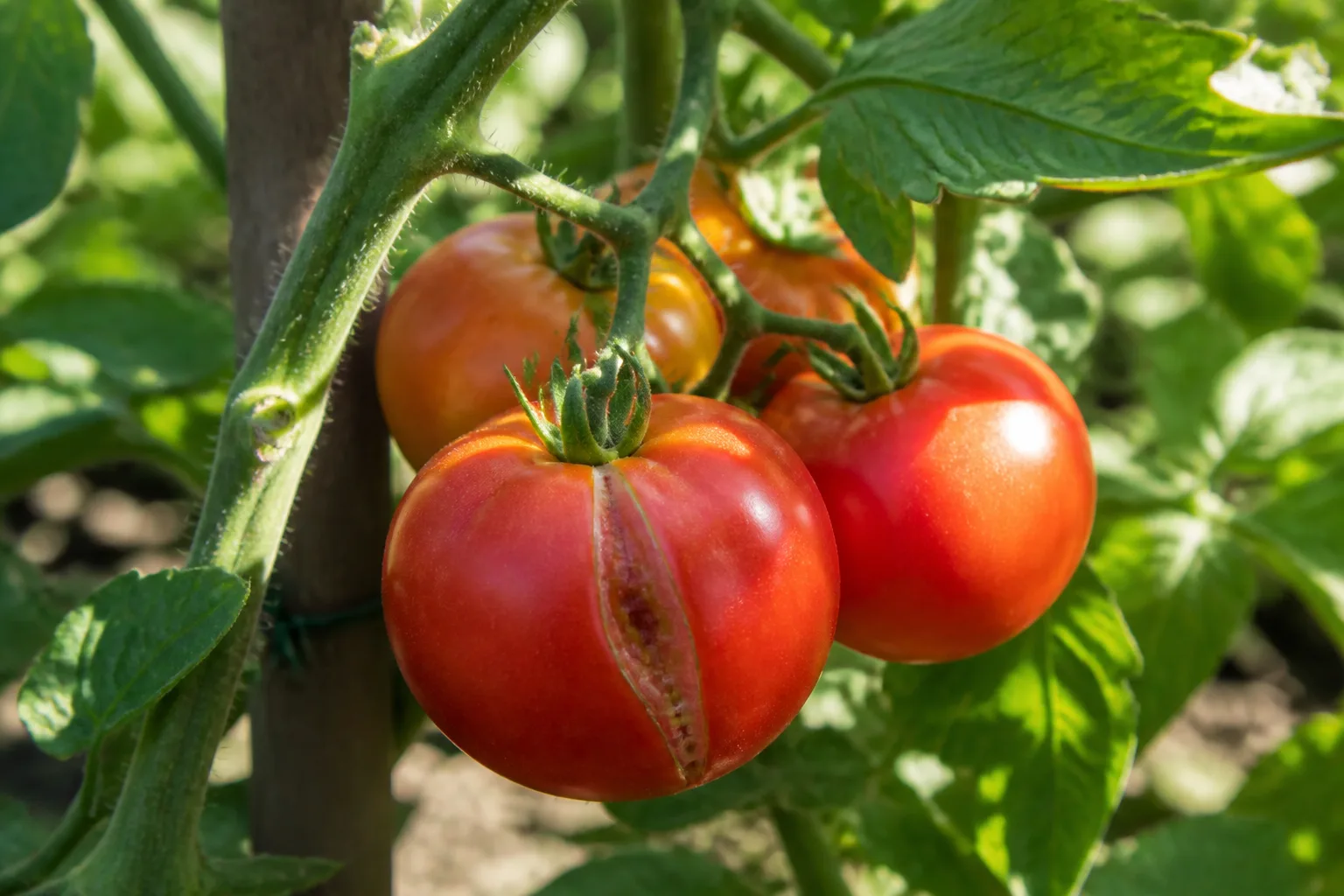 Ripening tomatoes on a garden vine with one fruit showing a vertical split crack