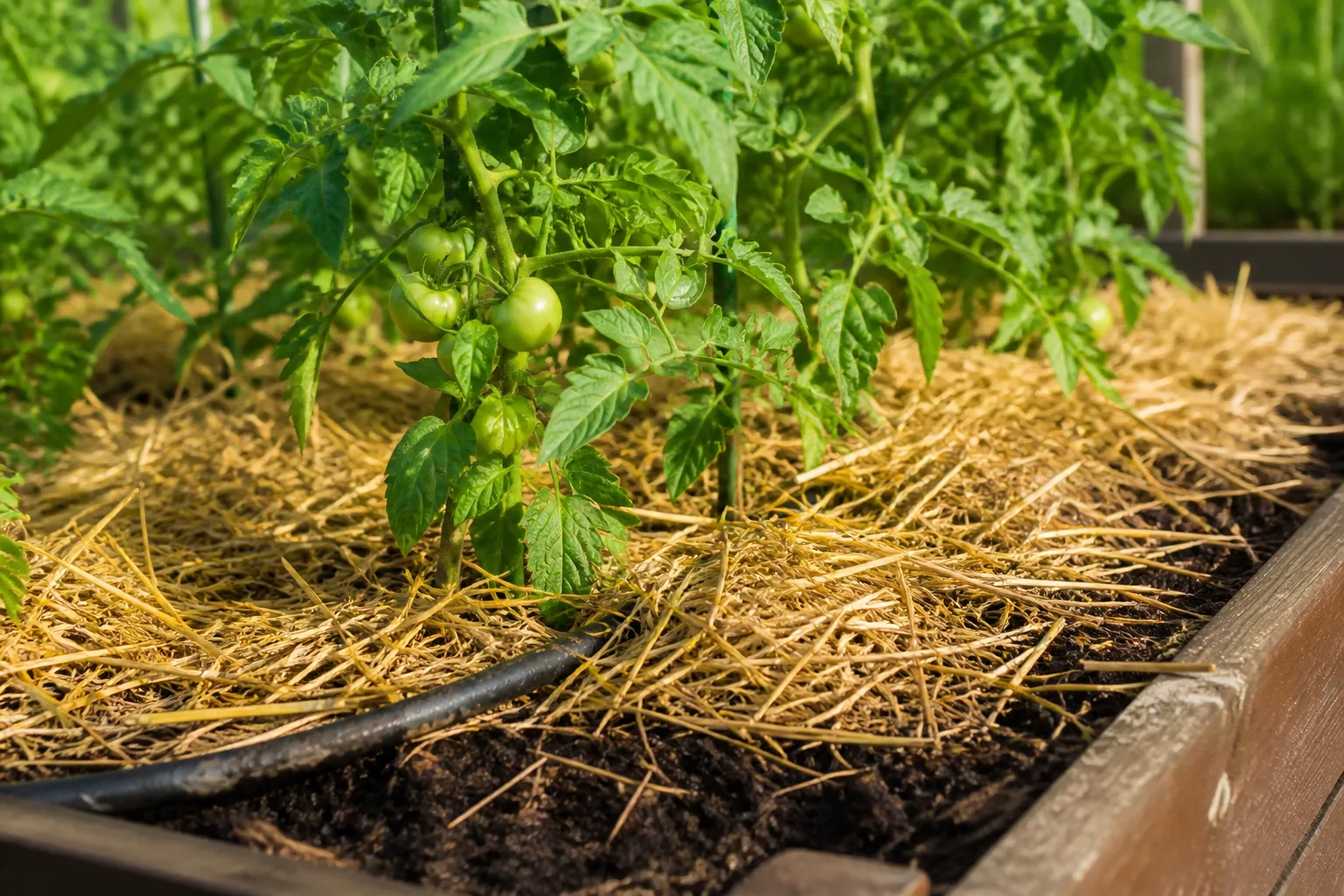 Straw mulch and soaker hose around tomato plants in a raised bed garden