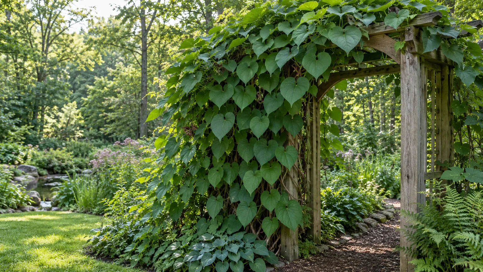 Dutchman’s pipe vine climbing an arbor with broad green heart-shaped leaves