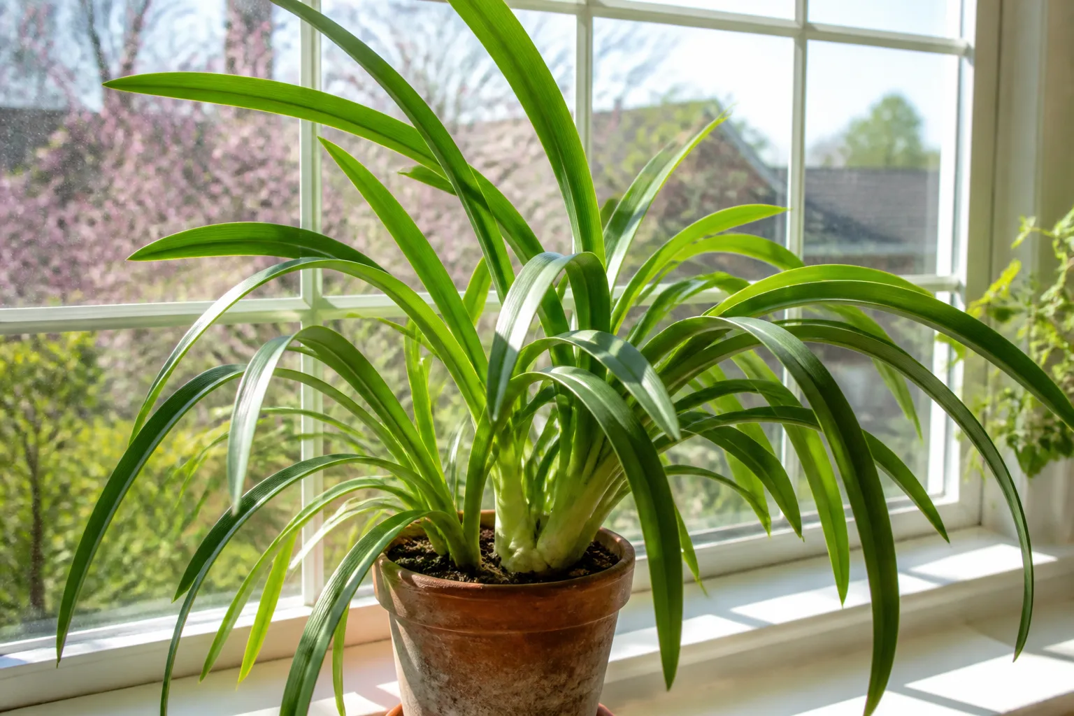 Amaryllis strap leaves growing in bright direct sunlight at a south-facing window
