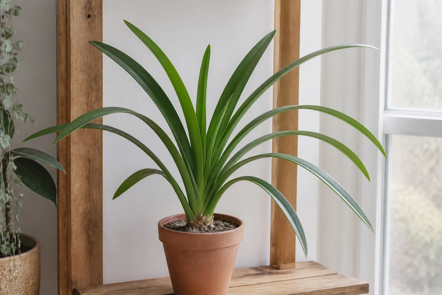 Potted amaryllis with long green strap leaves but no flower stalk