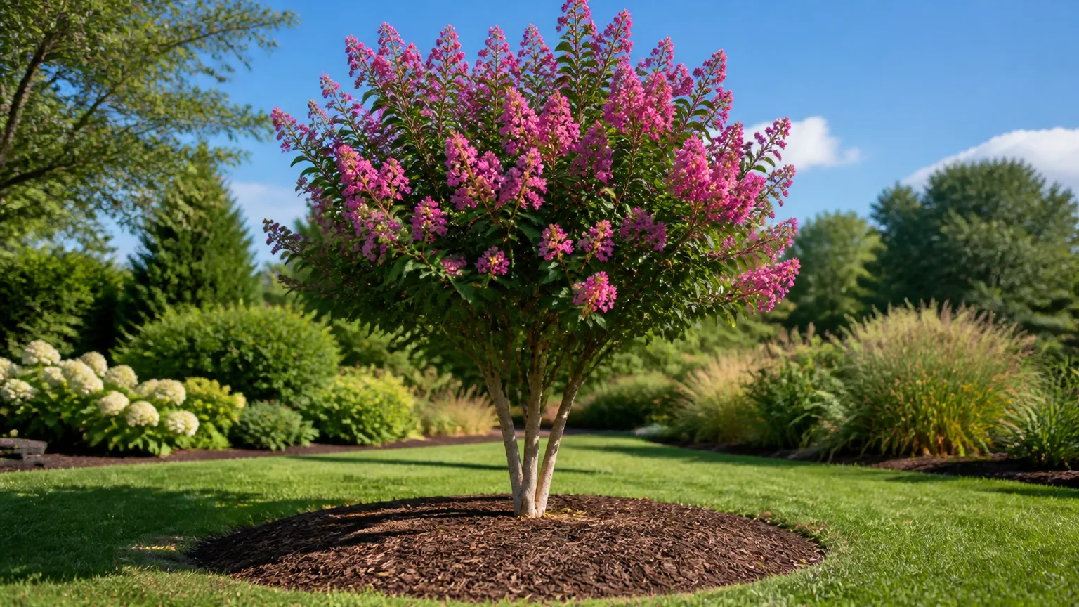 Healthy crepe myrtle in open sun with a flat mulch ring kept away from the trunks