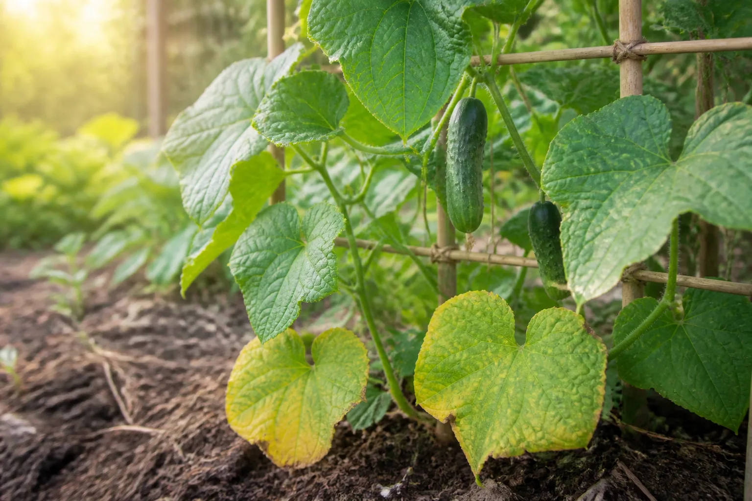 Cucumber vine on a trellis with green leaves and a few lower leaves starting to yellow in a sunny garden bed