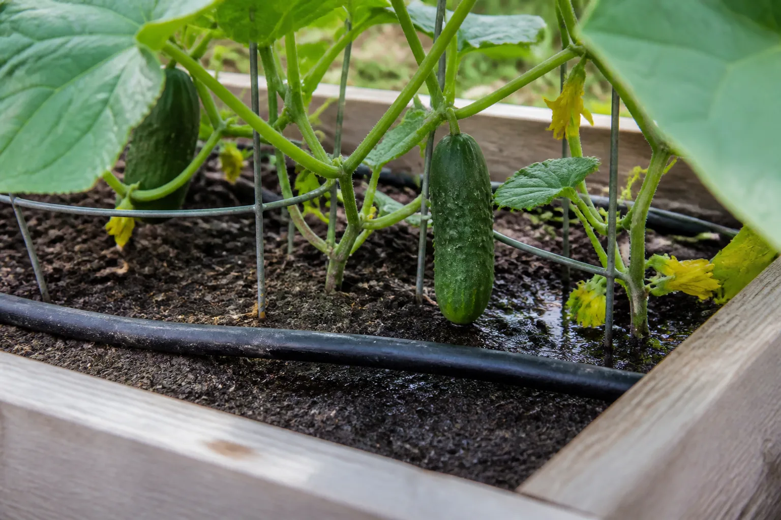 Drip irrigation watering cucumber plants at the soil line in a raised garden bed