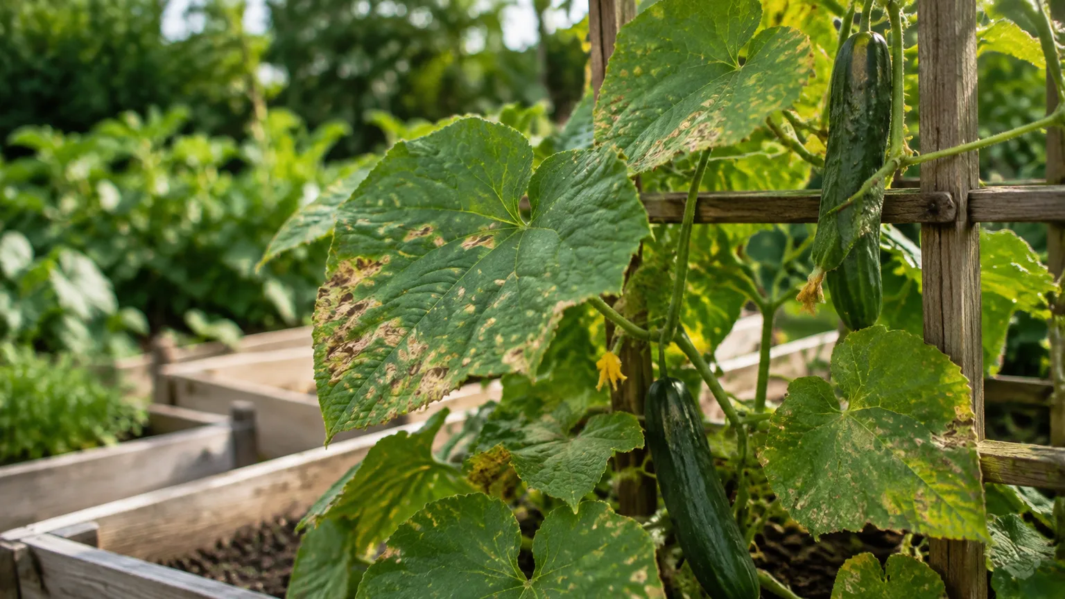 Cucumber vine with realistic brown spots on affected leaves