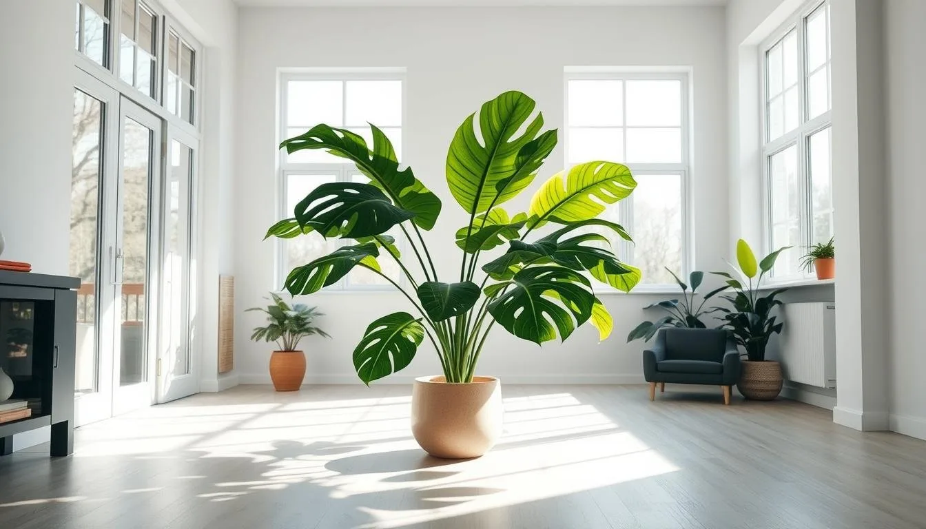 Leggy Monstera deliciosa stretching toward a window from insufficient light