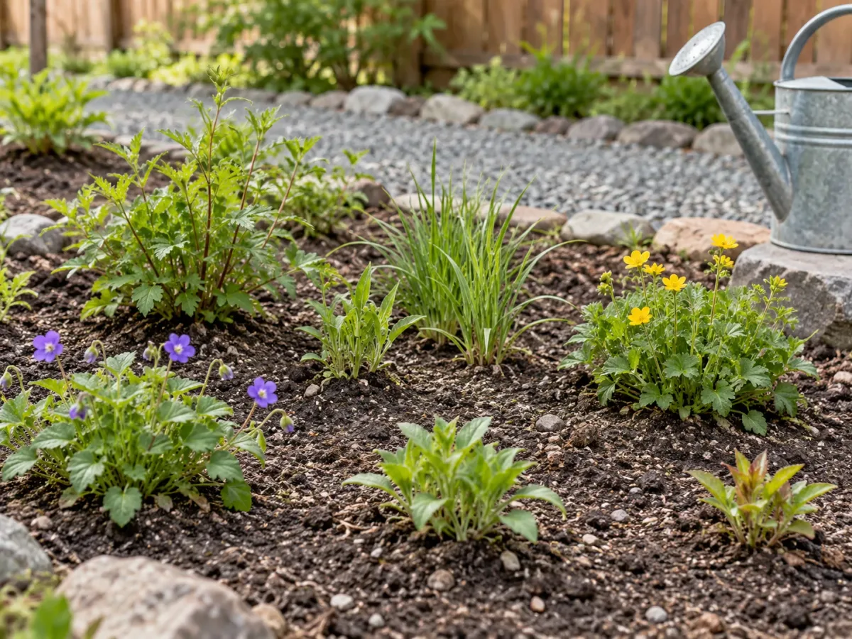 Small first-year planting with grouped perennial starts, open soil, and a gravel path