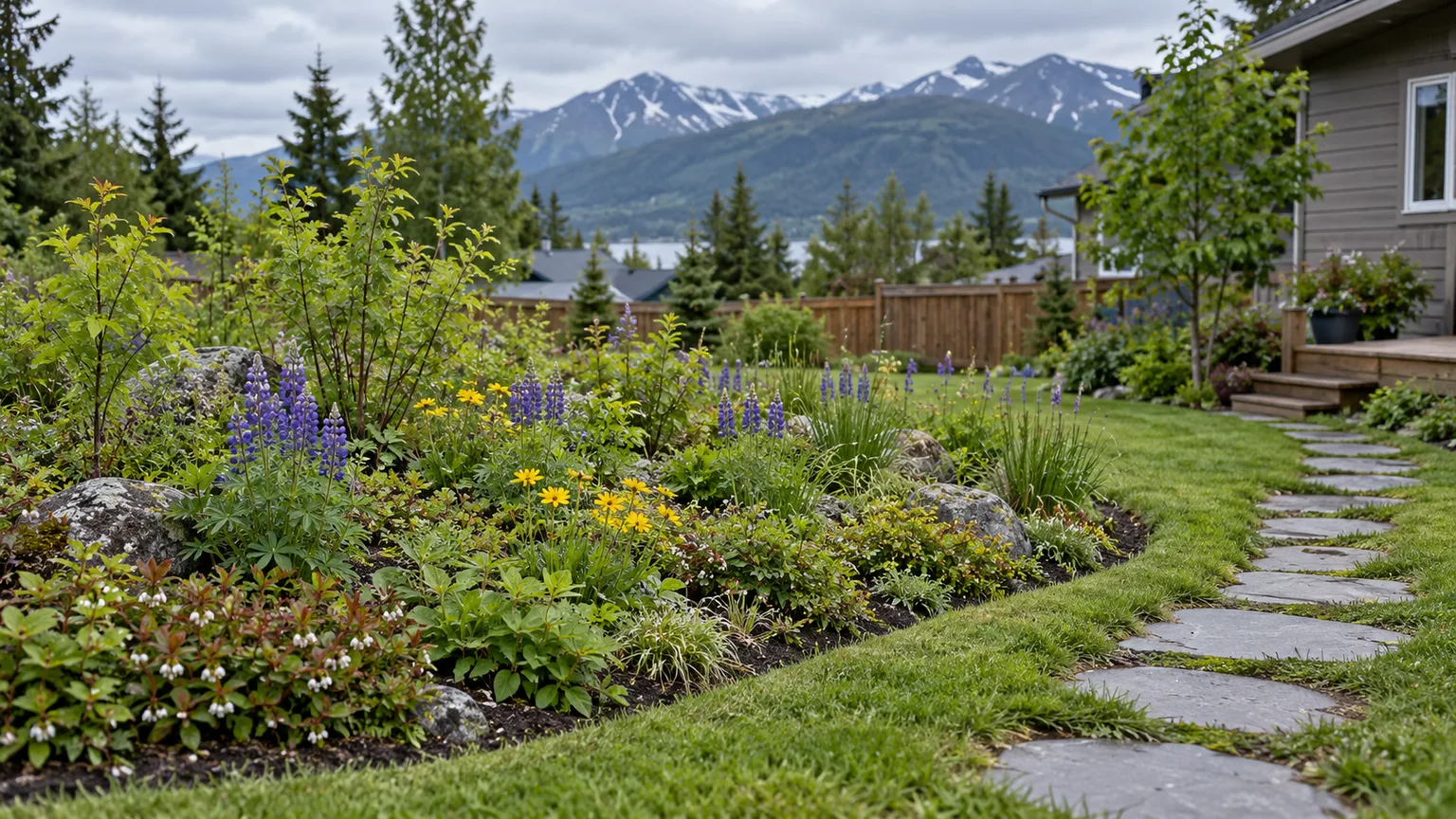 Naturalistic backyard planting beside a path, with Alaska mountains in the distance