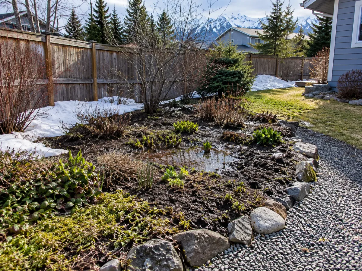 Lingering snow beside a fence and a thawed backyard planting area draining toward gravel
