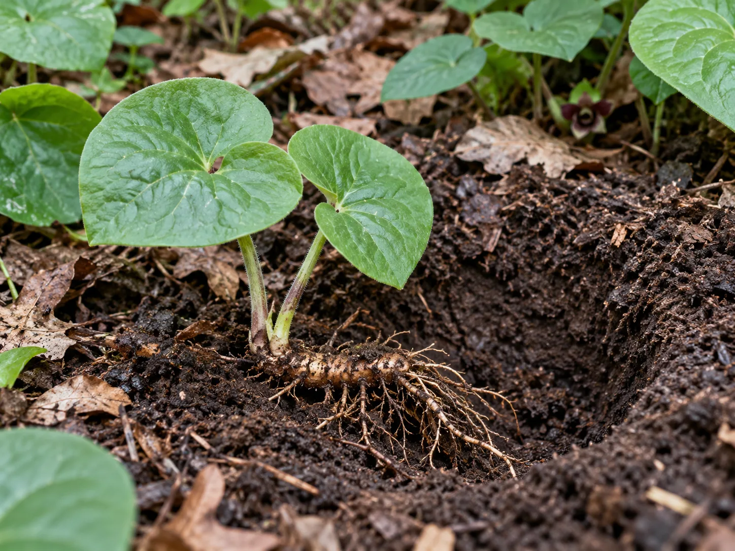 Shallow Canadian wild ginger rhizome division with roots and paired leaves at the soil surface.