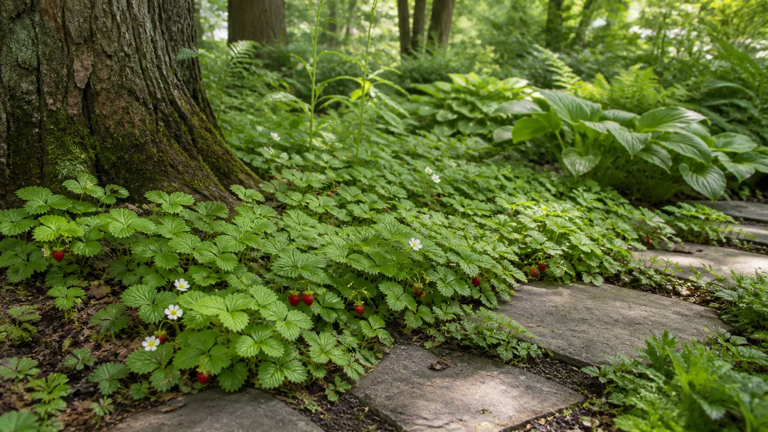 Woodland strawberry forming a low flowering groundcover beneath a tree beside a stone path