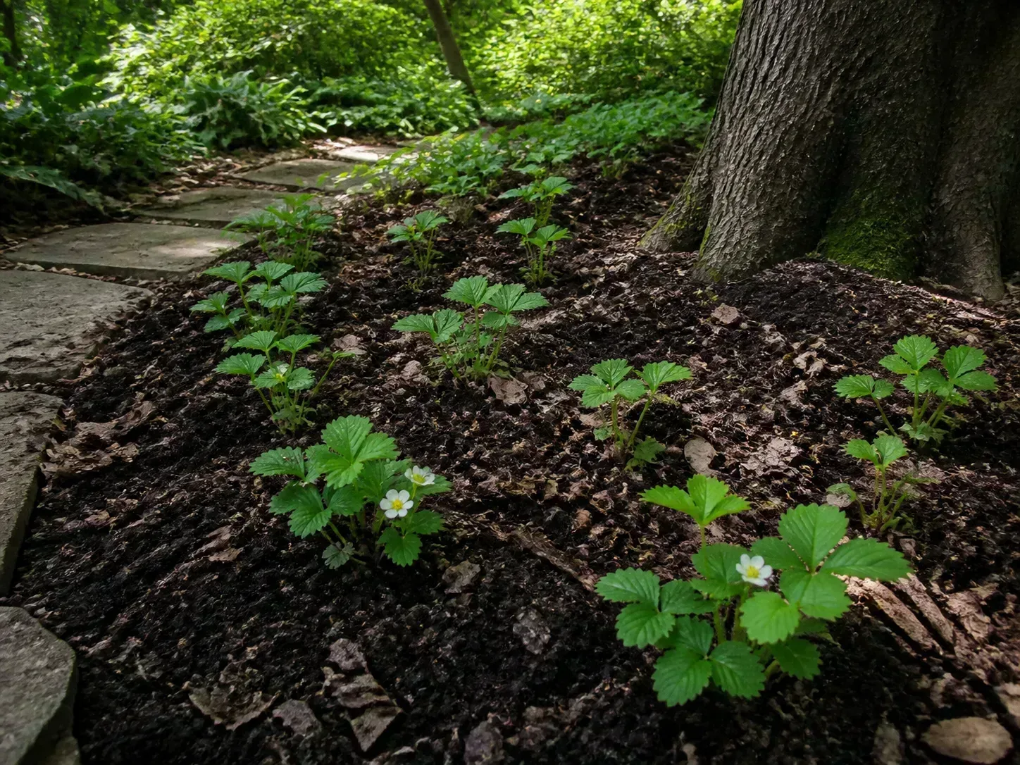 Young woodland strawberry plants spaced through a shaded garden bed beneath a mature tree