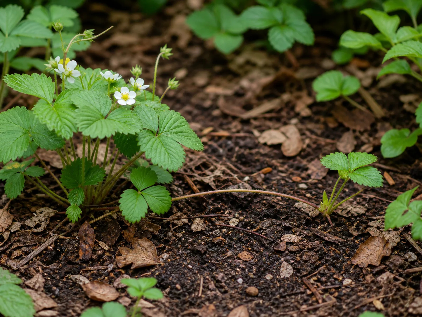A woodland strawberry runner connecting a mature mother plant to a rooted daughter plant in leaf-litter soil