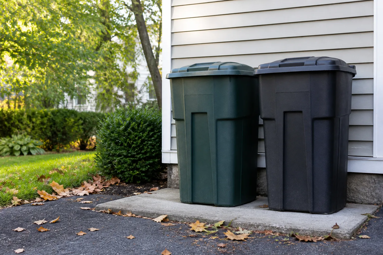 Two lidded outdoor garbage cans beside a house