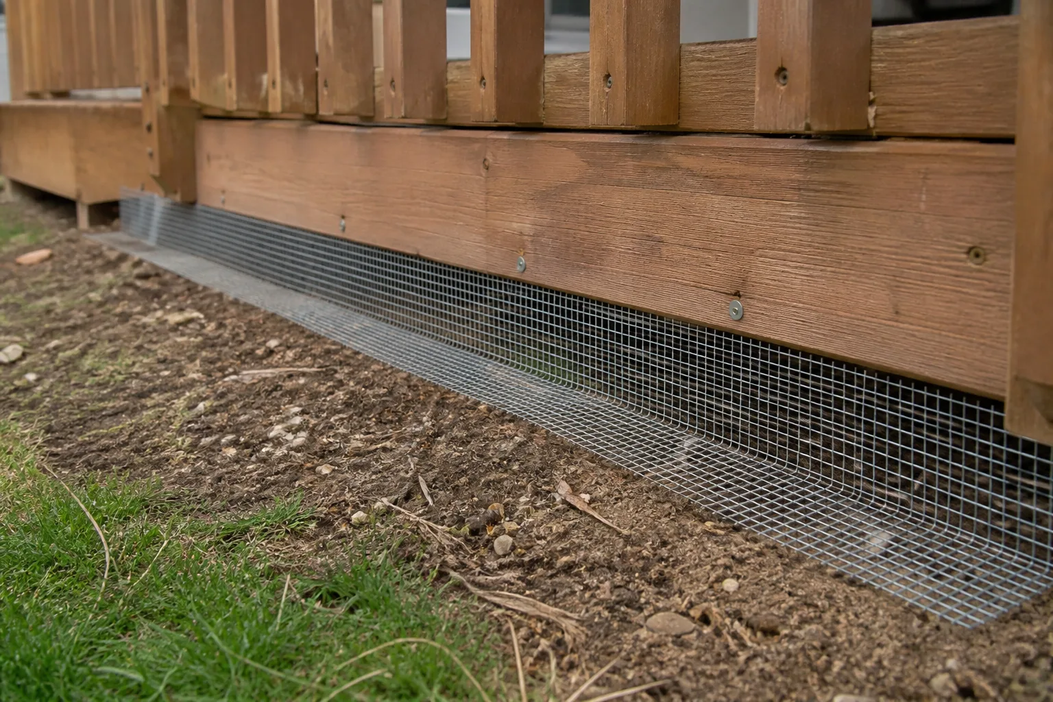 Hardware cloth wire mesh installed along the base of a wooden deck with buried L-shaped footer to block animal entry