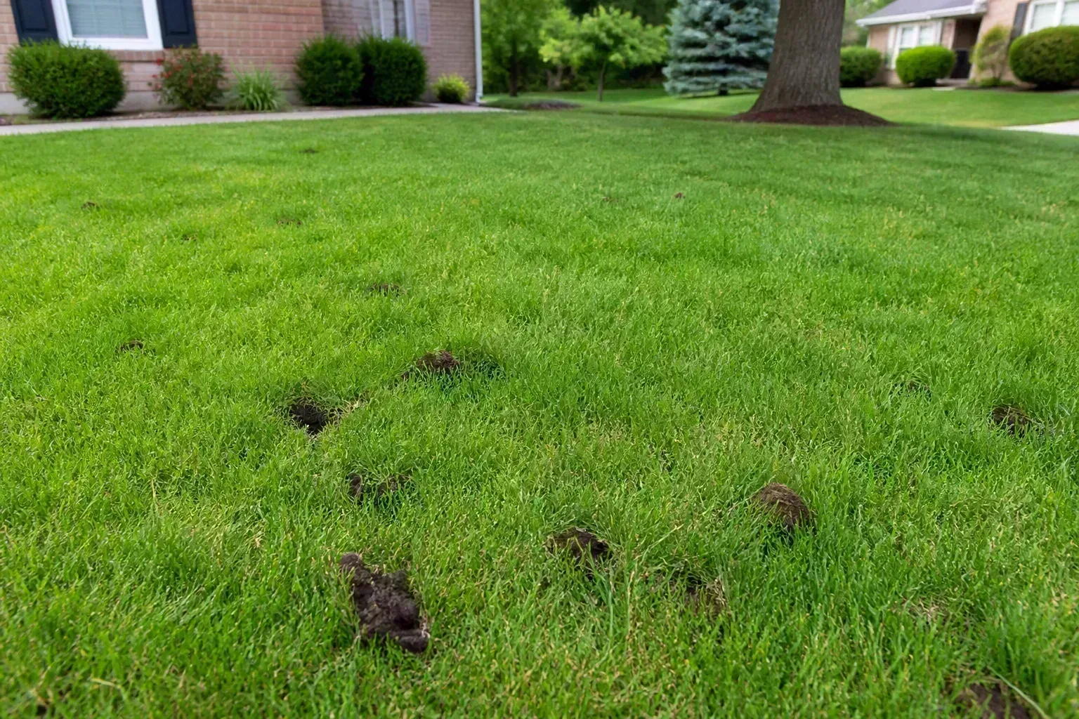 Residential lawn with small cone-shaped digging holes from animal foraging for grubs in the soil