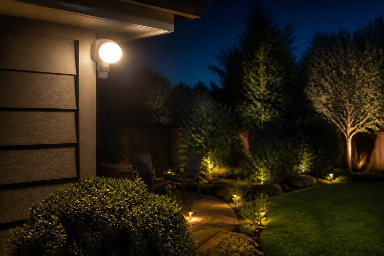Motion-activated security light illuminating a suburban backyard patio and lawn at night