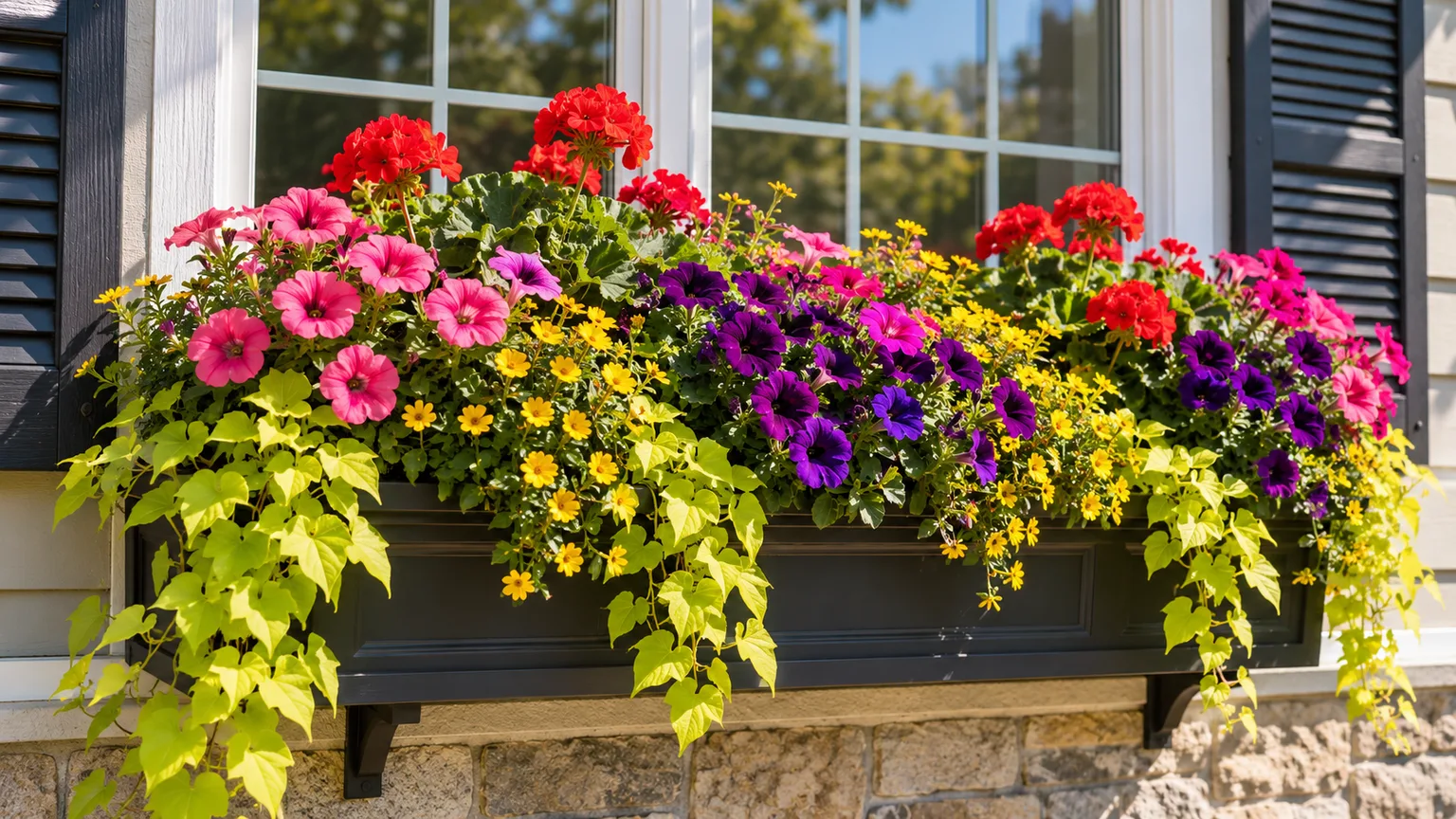 Sunny outdoor window box filled with petunias, geraniums, bidens, and chartreuse trailing foliage