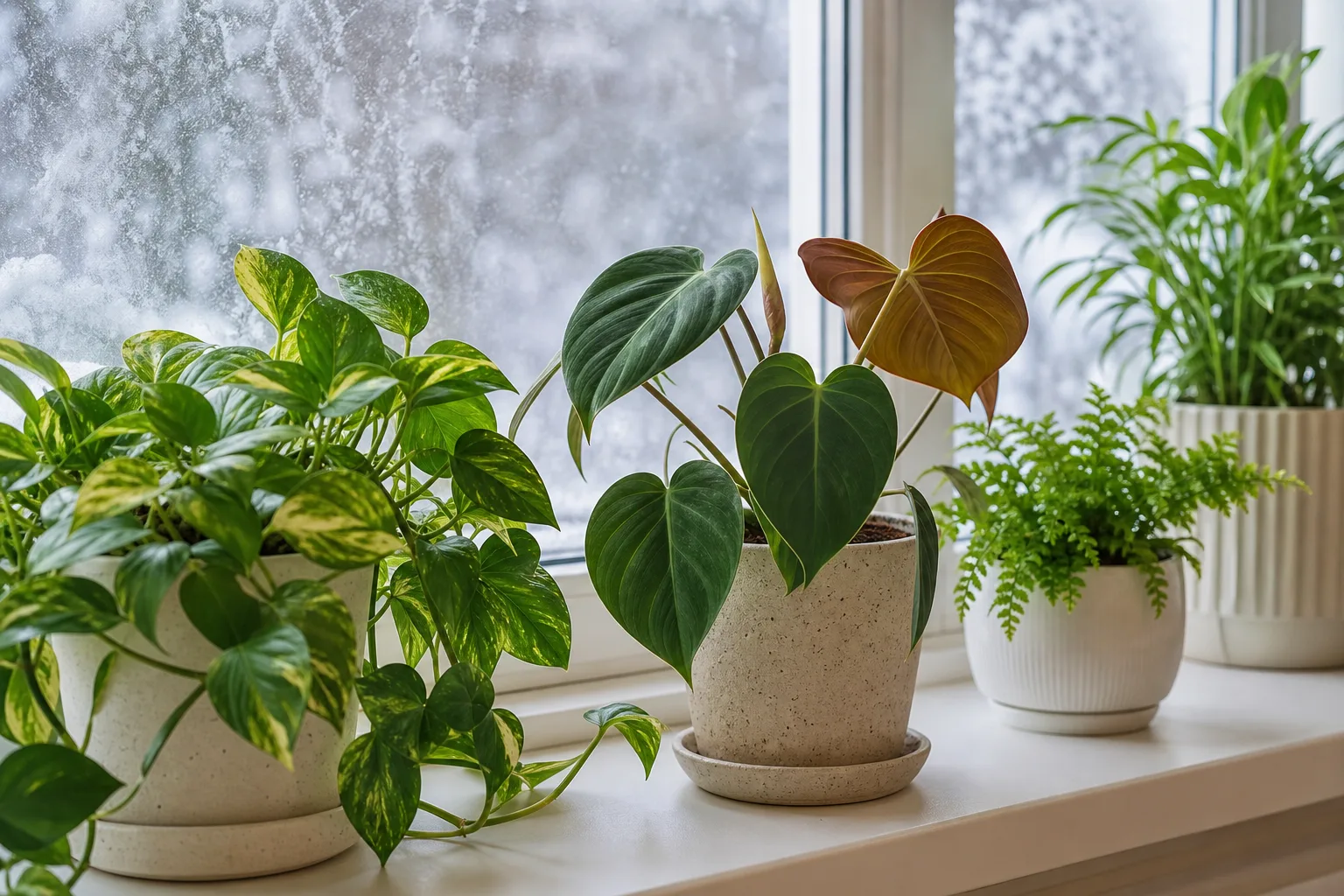 Houseplants on a bright east-facing windowsill in winter with pots rotated toward the glass