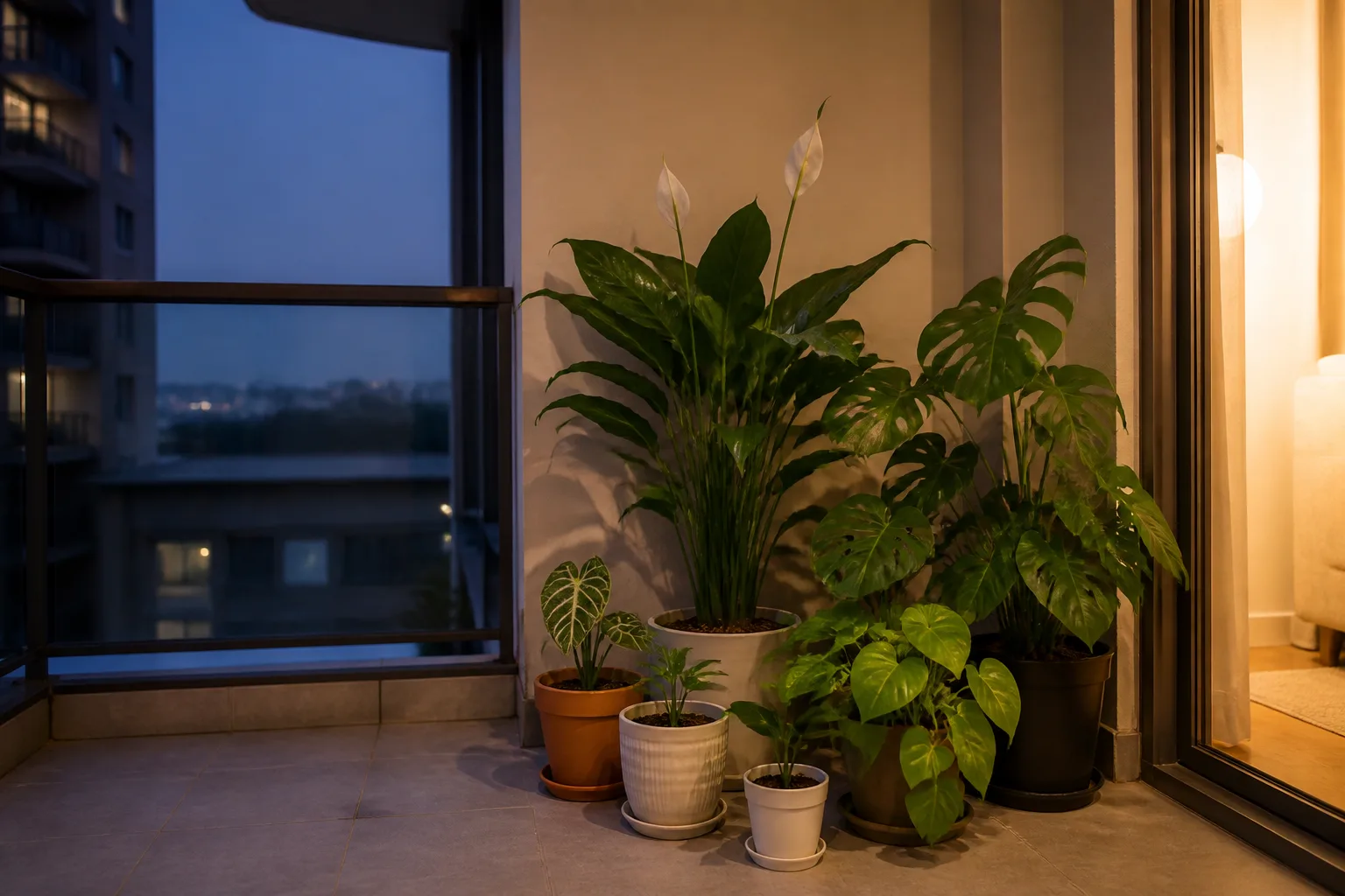 Tender balcony houseplants moved under cover before a North India cold-wave night