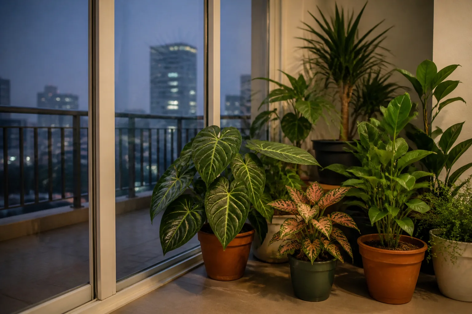 Potted plants gathered beside a bright balcony door as they transition indoors for winter