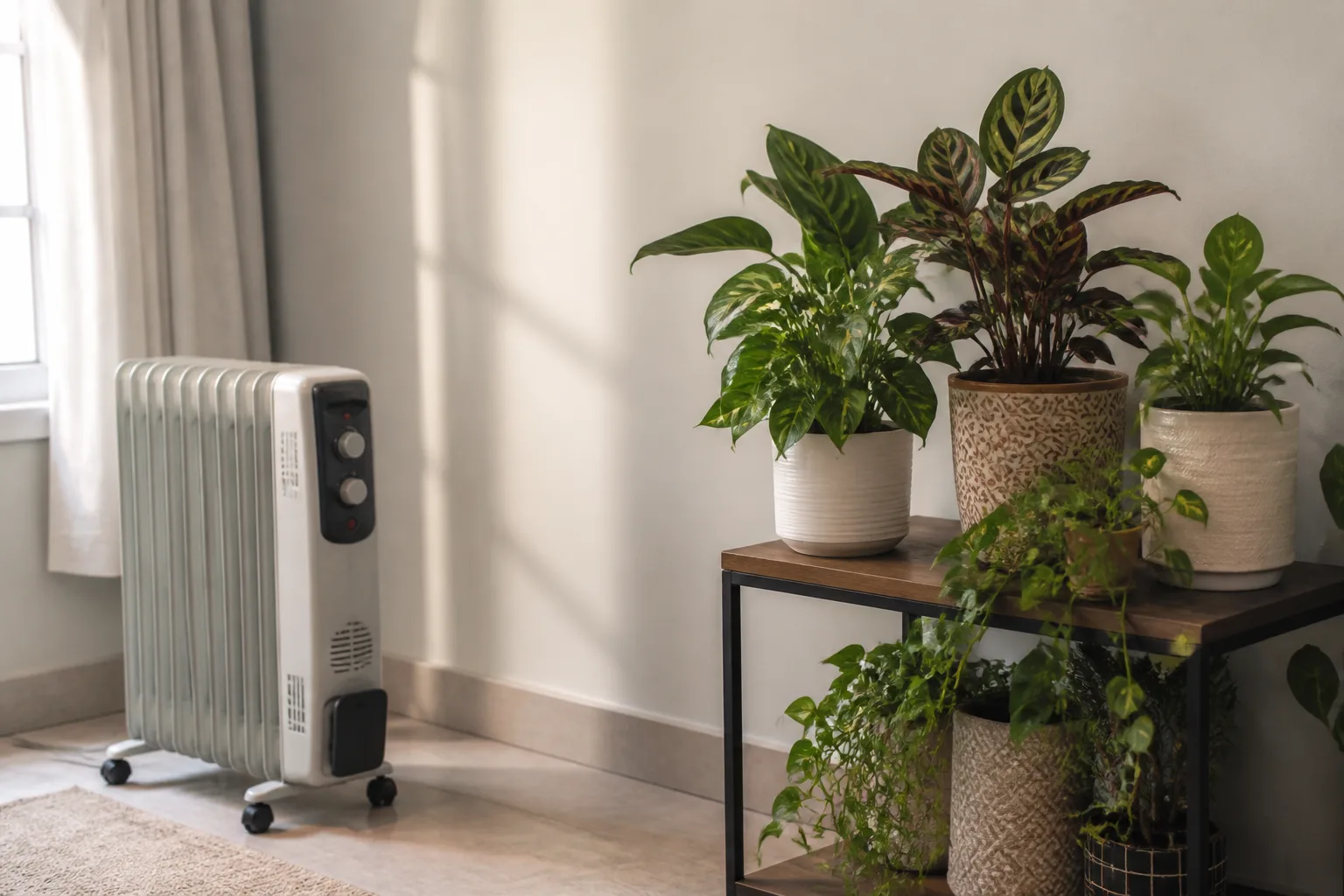 Houseplants kept away from a room heater with clearance for dry winter air in a North India flat
