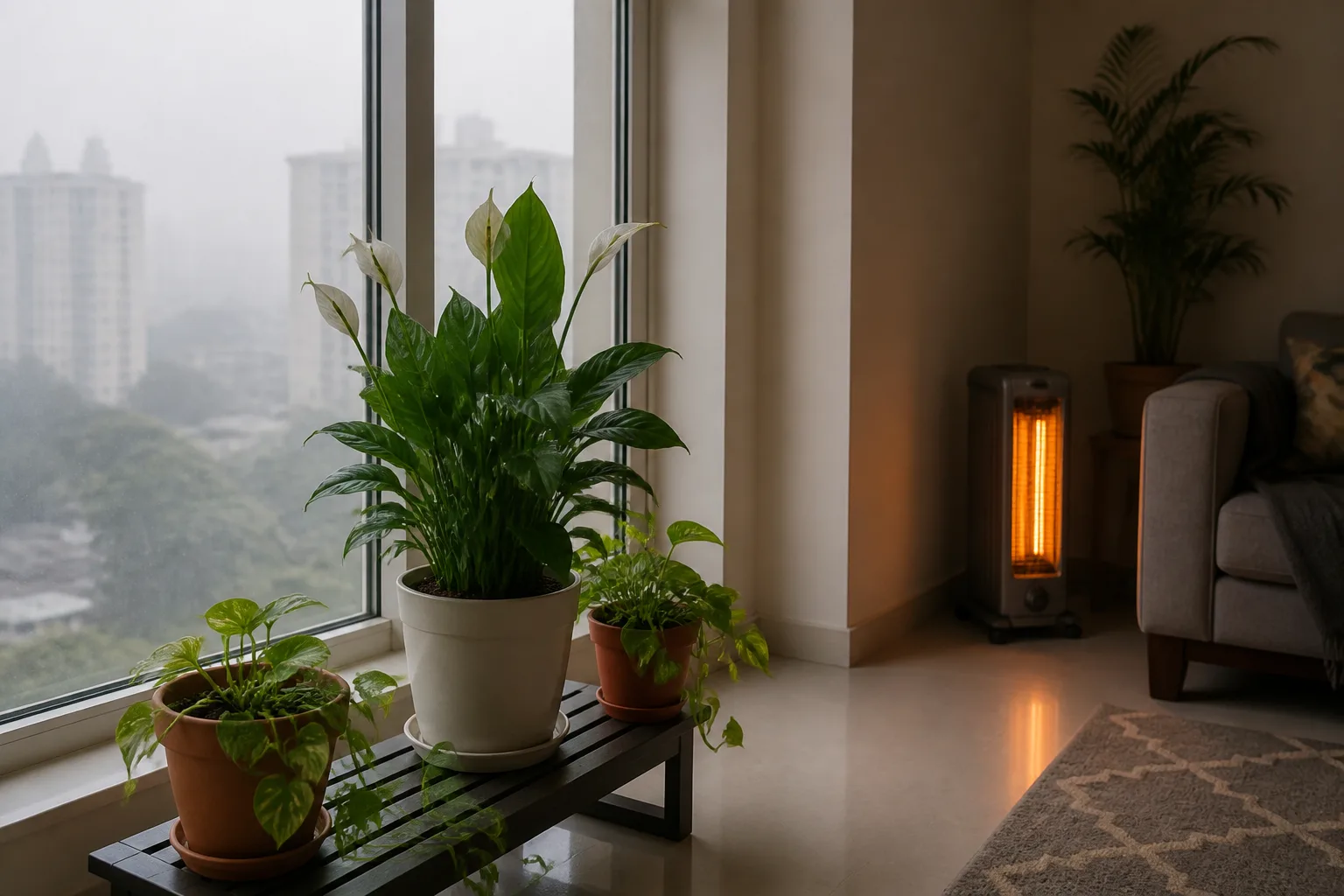 Houseplants near a foggy North India apartment window kept away from a room heater in winter