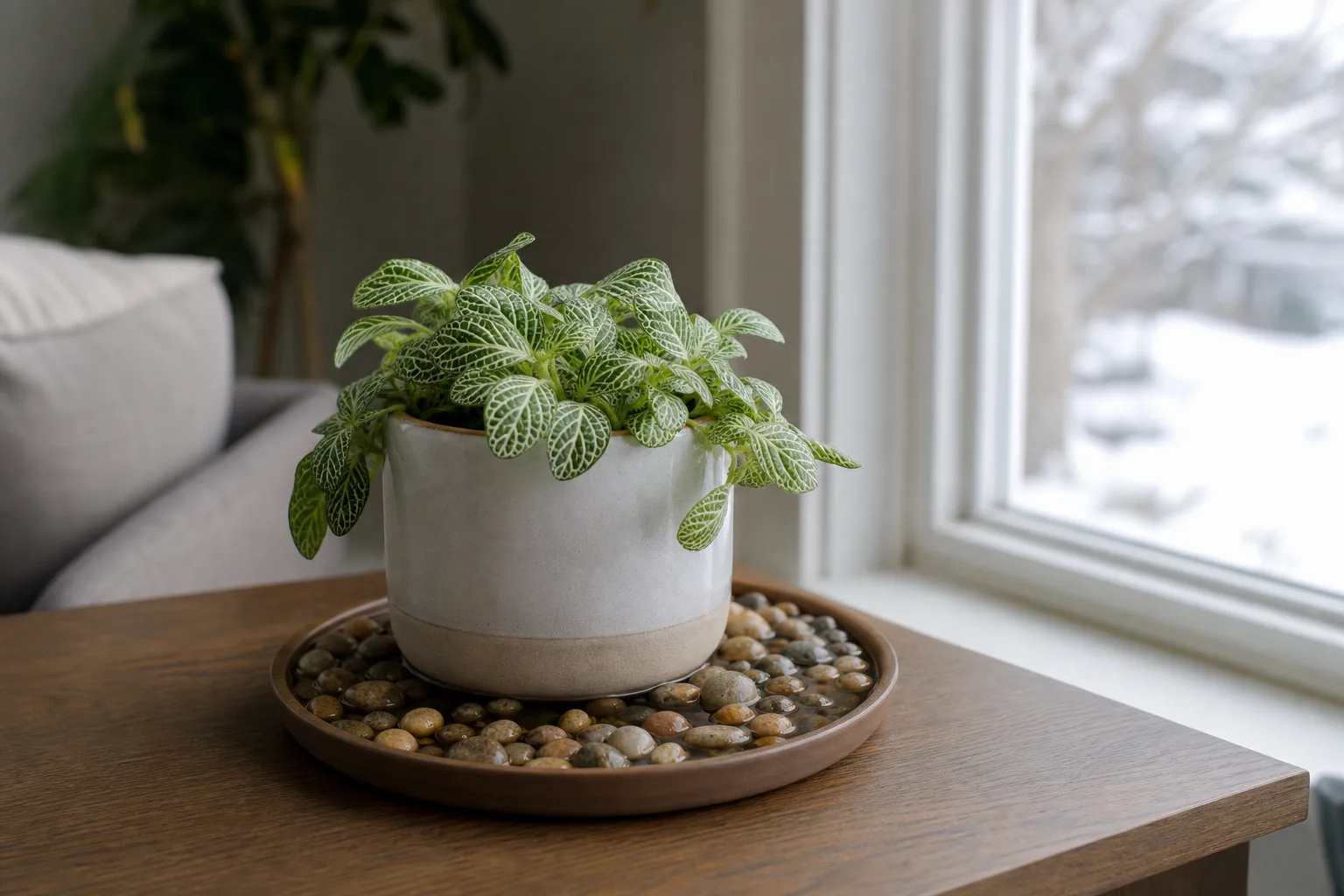 Fittonia on a pebble tray one foot from a winter window, pot base above the waterline