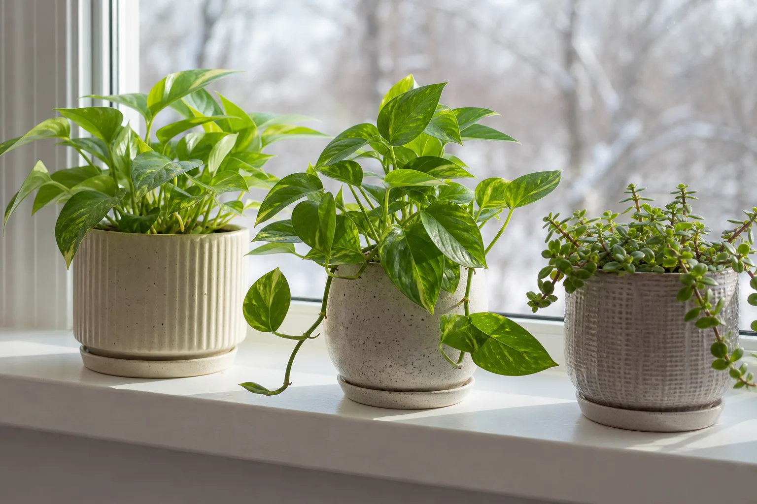 Pothos and philodendron pots on an east windowsill with one pot rotated a quarter turn toward winter light