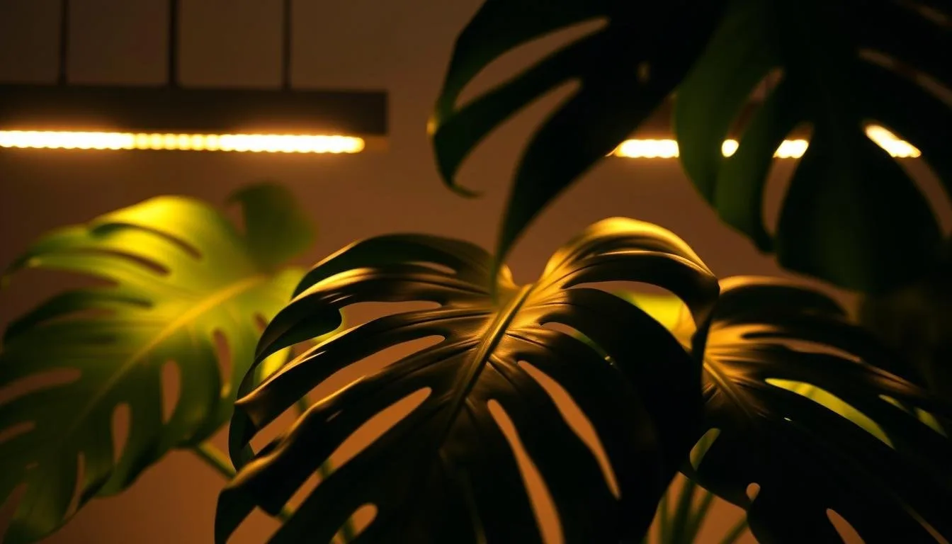 Full-spectrum grow light supplementing a Monstera deliciosa in a dim room