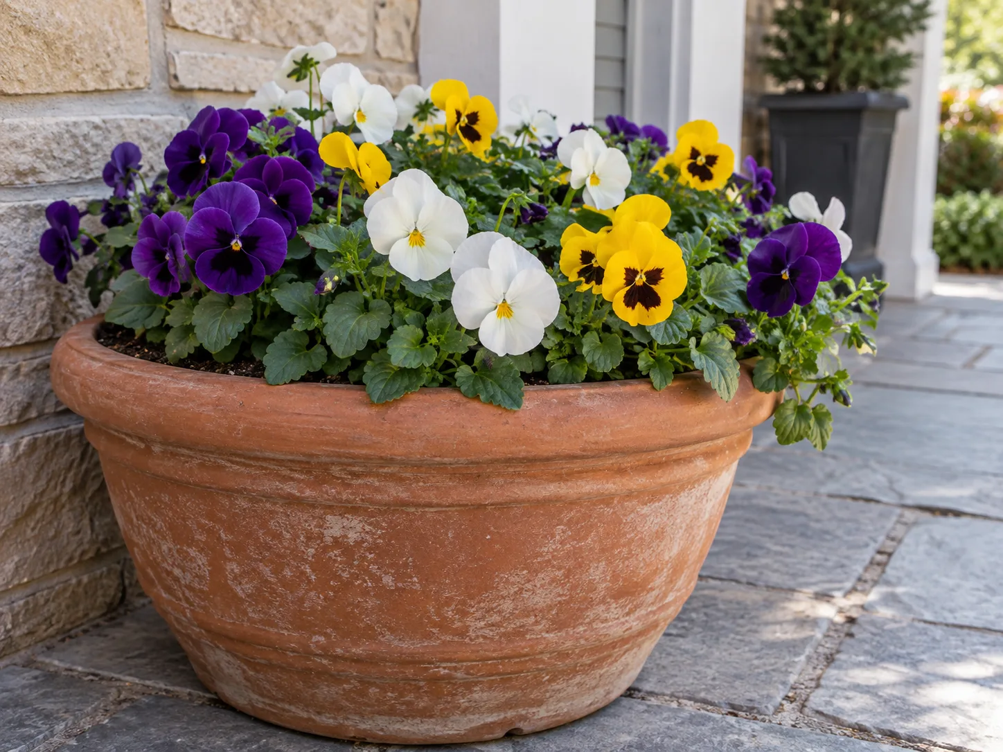 Outdoor container of winter pansies beside a sheltered porch wall