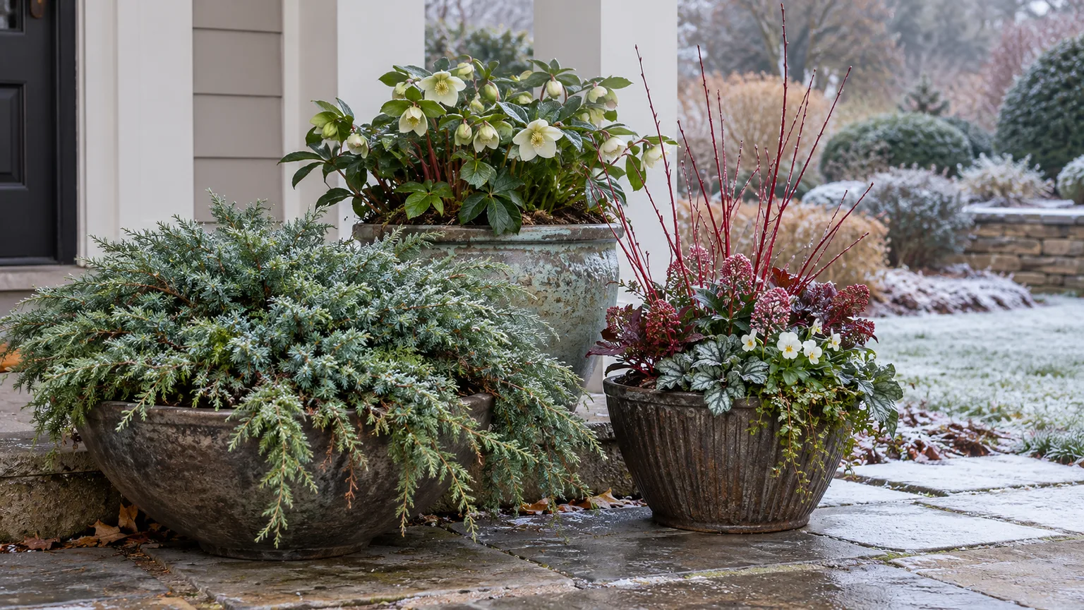 Winter containers of creeping juniper, hellebore, and red twig dogwood on a snowy porch