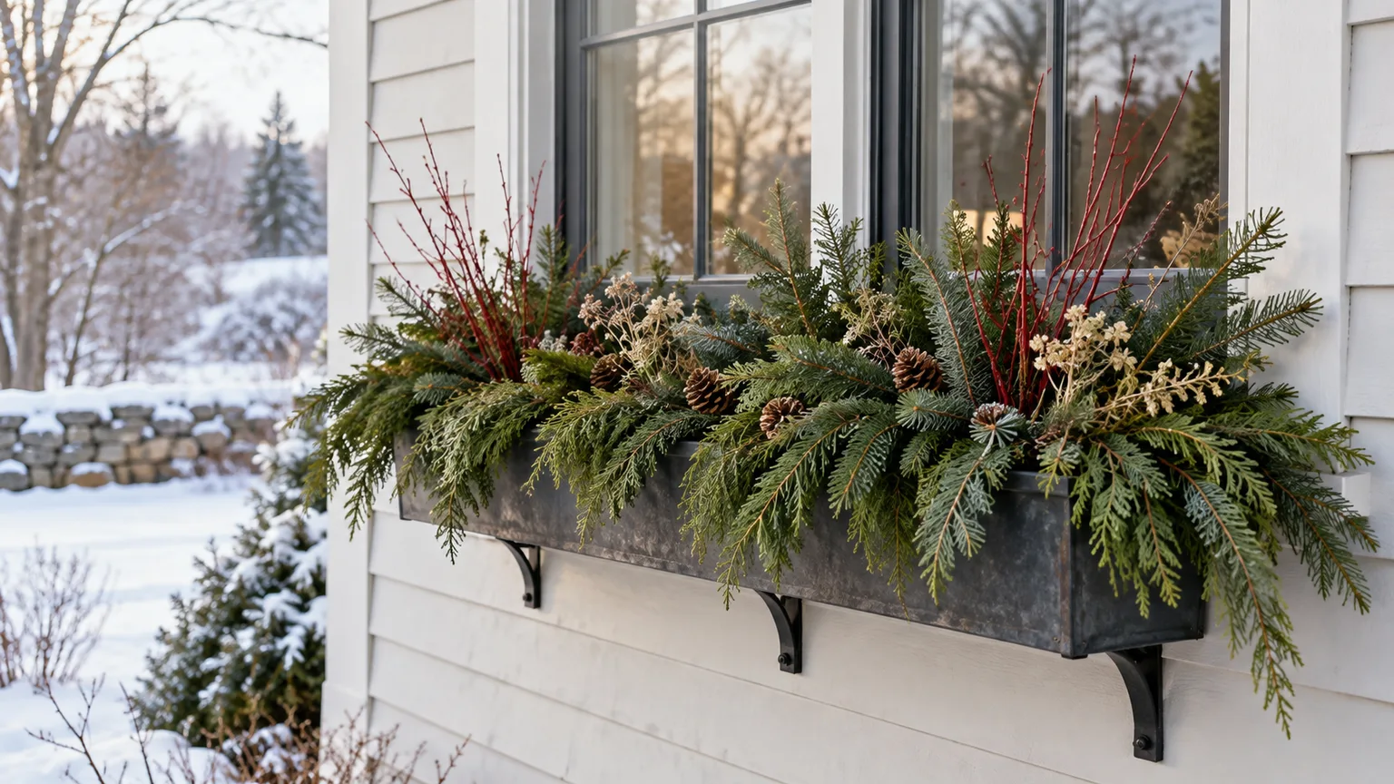 A winter window box layered with fir, cedar, red-twig dogwood, pine cones, and dried seed heads