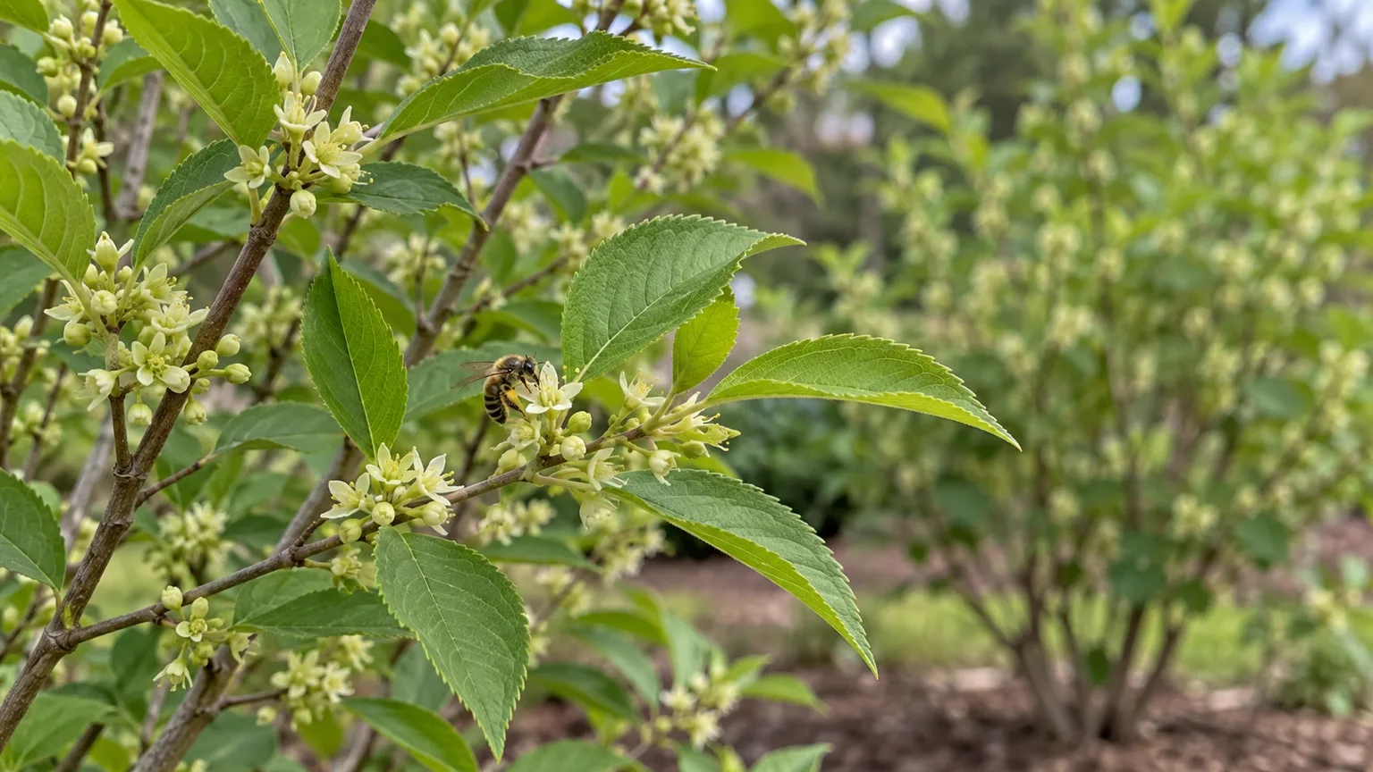 Small greenish-white flowers on a winterberry branch with a bee visiting and a second shrub softly visible in the garden.