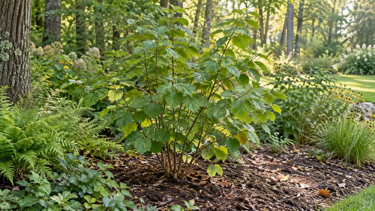 A young American witch hazel growing at a bright woodland edge with room around its multi-stemmed form