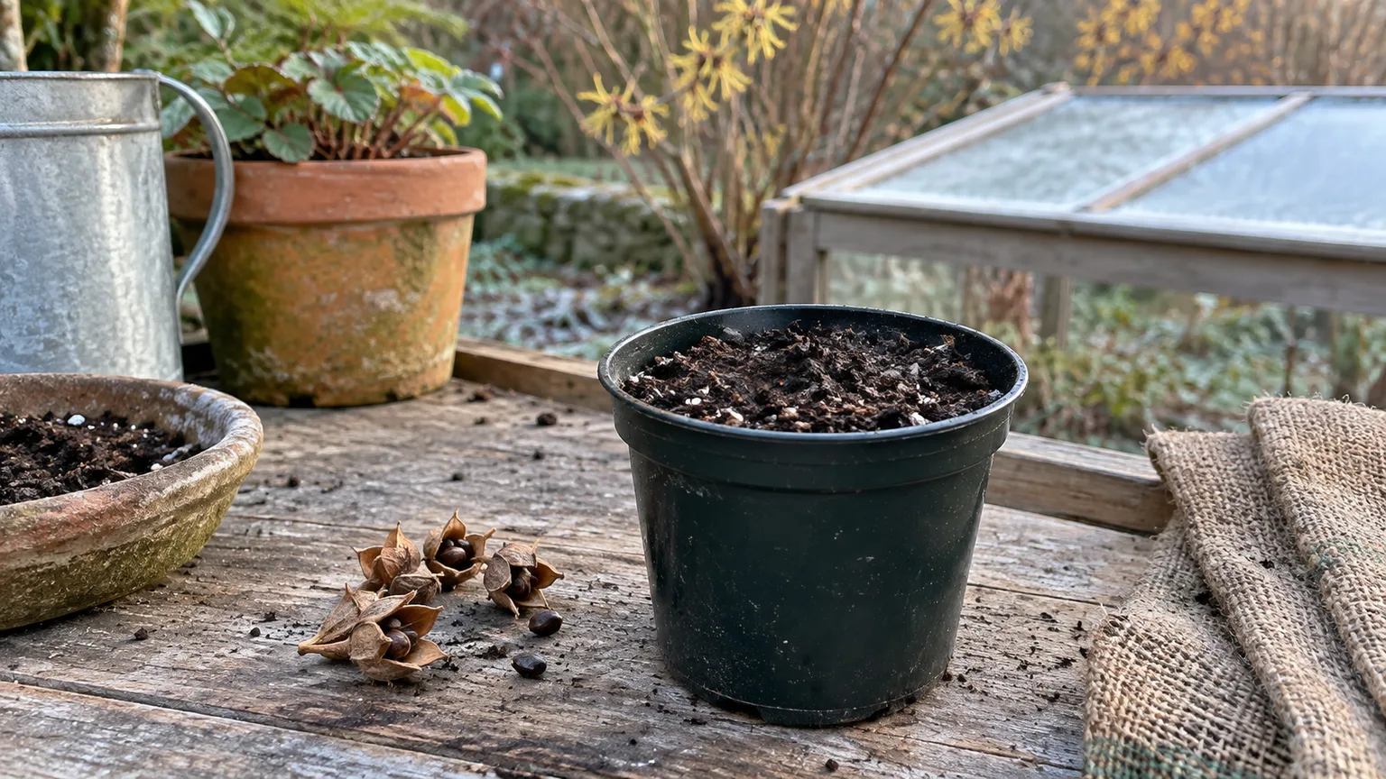 Fresh witch hazel seed capsules and dark seeds beside a pot of moist growing medium on an outdoor potting bench