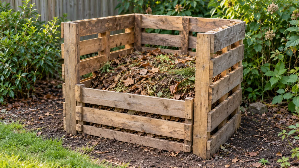 Open slatted wooden pallet compost bay filled with leaves and garden clippings