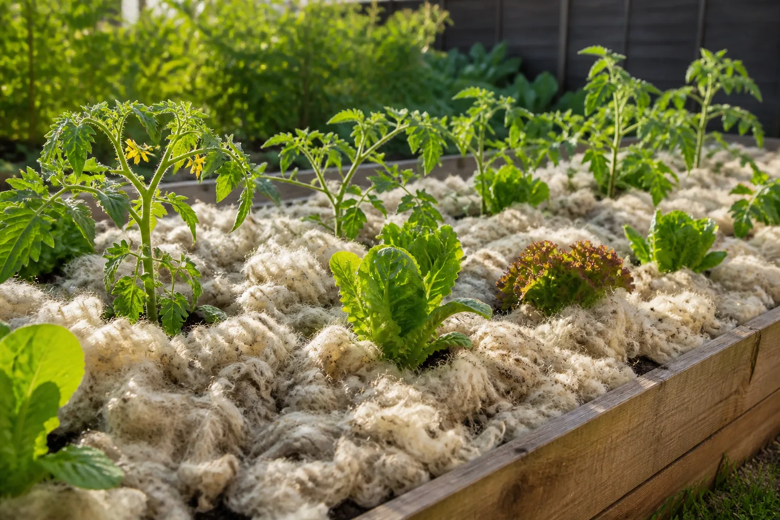 Fluffy raw sheep wool fleece spread as mulch in a sunny raised vegetable garden bed between young tomato and lettuce plants
