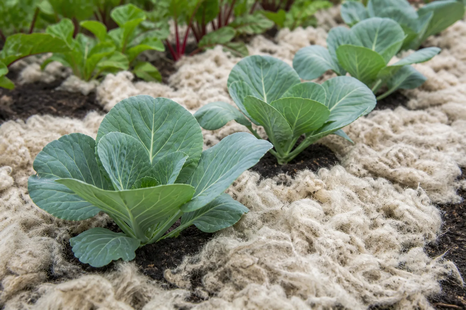 Loose raw sheep wool teased into a fluffy mulch layer around cabbage seedlings in a vegetable row