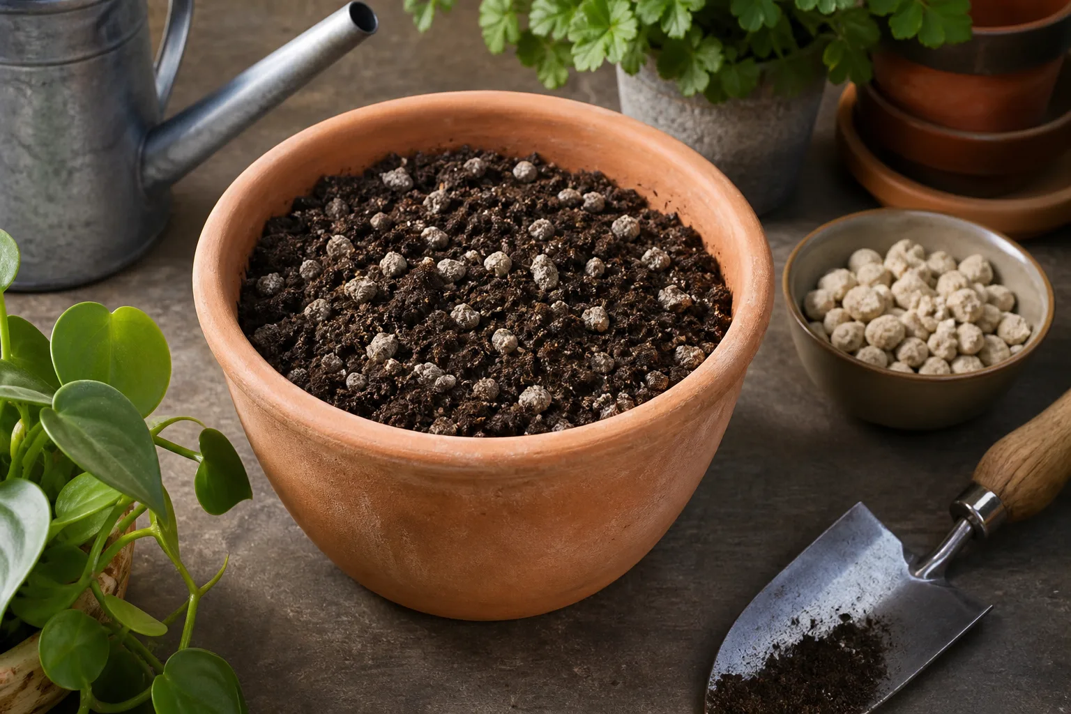 Small wool pellets blended into potting soil beside a bowl of pellets on a potting bench