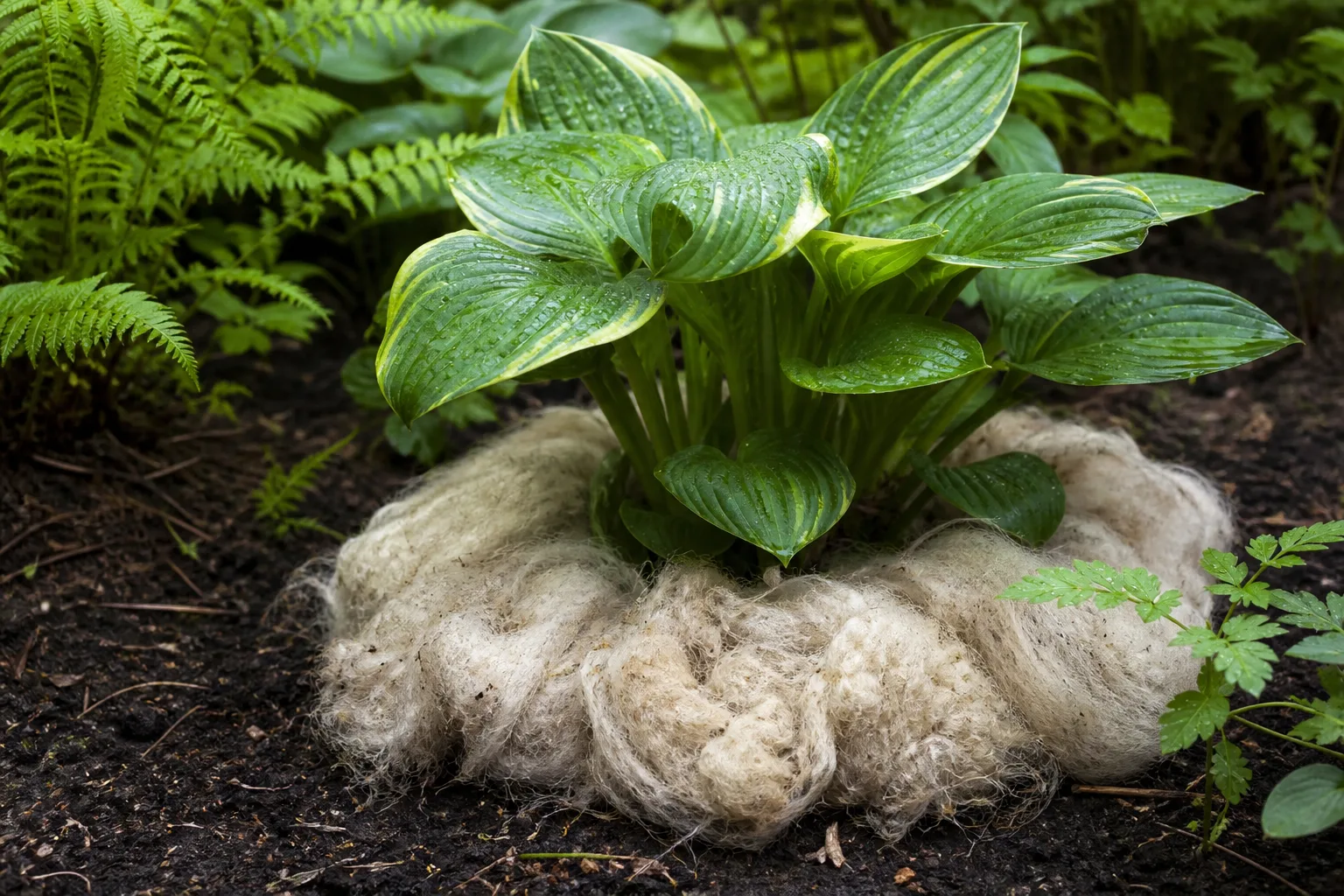 A ring of coarse fluffy wool locks encircling the base of hosta leaves in a damp shade garden bed