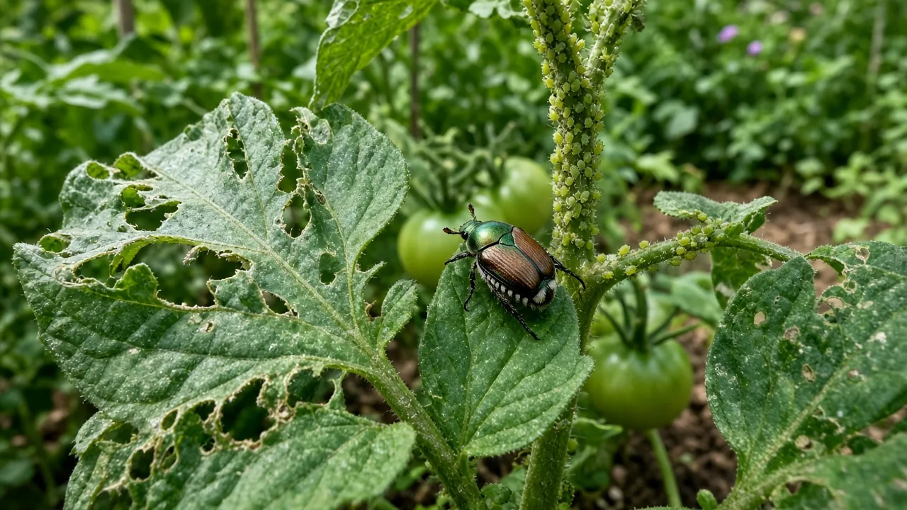 Summer garden with flowering zinnias and chewing damage on leaves