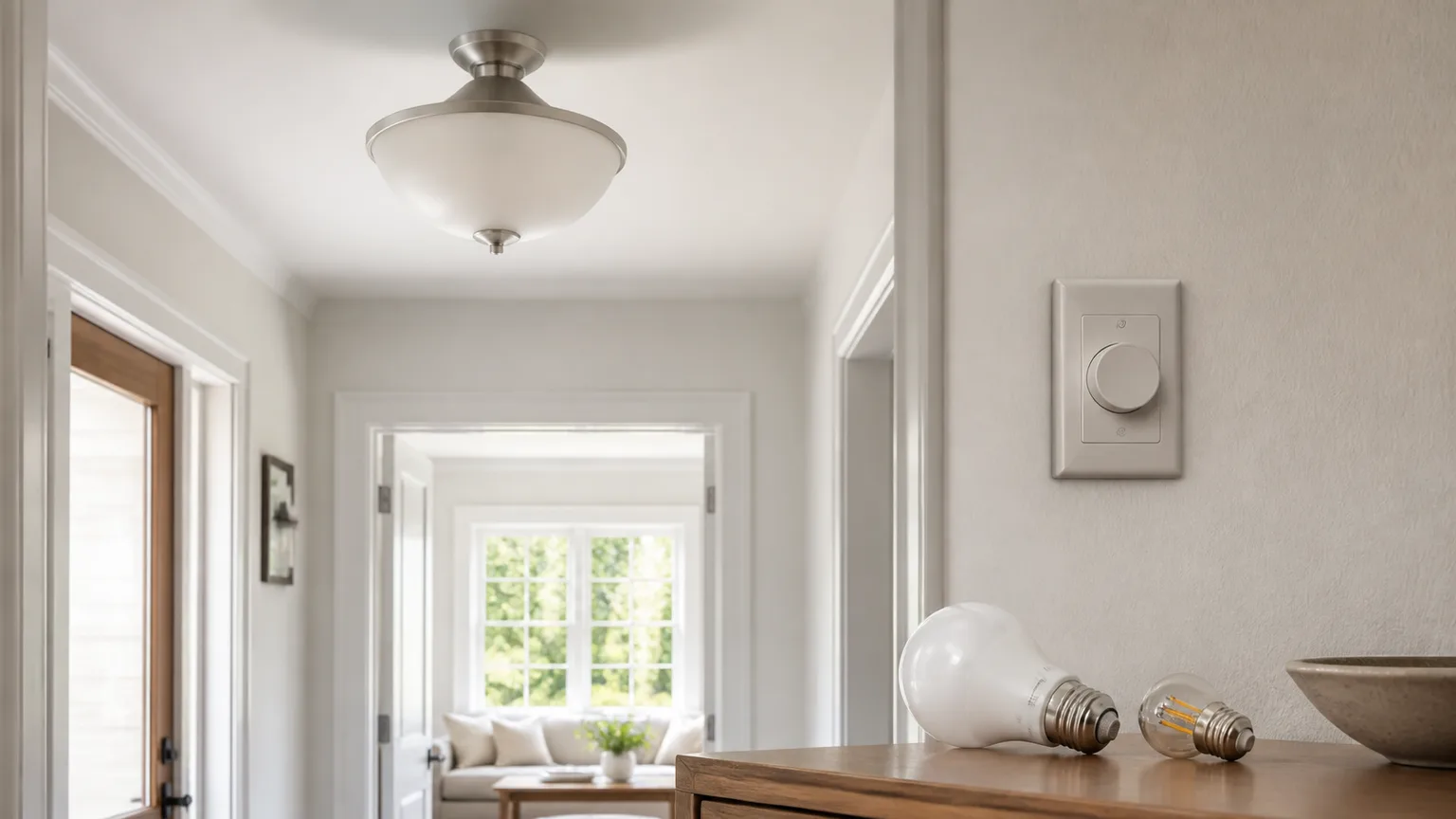 Ceiling fixture, dimmer switch, and replacement LED bulb in a home hallway