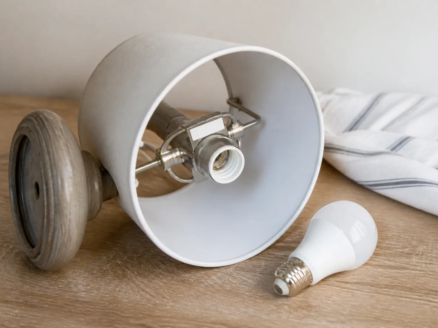 Unplugged lamp socket and replacement bulb beside the fixture rating area